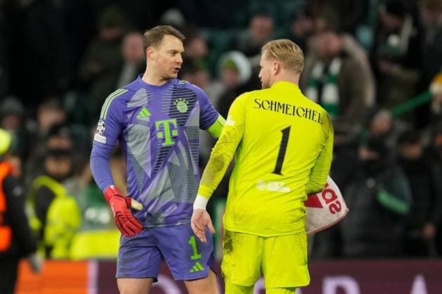 Celtic goalkeeper Kasper Schmeichel and Bayern Munich goalkeeper Manuel Neuer embrace after final whistle Celtic v Bayern Munich, UEFA Champions League, Knockout Round Play-offs, First Leg, Football, Celtic Park, Glasgow, UK - 12 Feb 2025 EDITORIAL USE ONLY No use with unauthorised audio, video, data, fixture lists, club league logos or live services. Online in-match use limited to 120 images, no video emulation. No use in betting, games or single club league player publications. Copyright: xStuartxWallace Shutterstockx 15136907ew