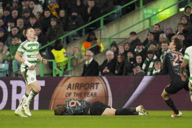 Harry Kane of Bayern Munich lying on the ground after collision in the air with Alistair Johnston of Celtic Park Celtic v Bayern Munich, UEFA Champions League, Knockout Round Play-offs, First Leg, Football, Celtic Park, Glasgow, UK - 12 Feb 2025 EDITORIAL USE ONLY No use with unauthorised audio, video, data, fixture lists, club league logos or live services. Online in-match use limited to 120 images, no video emulation. No use in betting, games or single club league player publications. Copyright: xStuartxWallace Shutterstockx 15136907fj