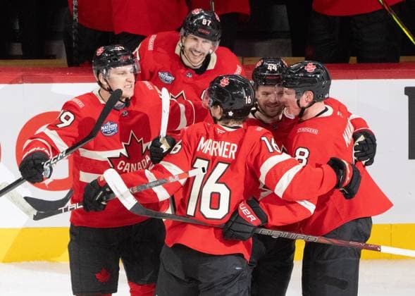 February 12, 2025, Montreal, Pq, CANADA: Canada forward Mitch Marner (16) celebrates his game winning goal over Sweden with teammates, from left to right, Nathan MacKinnon (29), Sidney Crosby (87), Josh Morrissey (44) and Cale Makar (8) during overtime 4 Nations Face-Off hockey action in Montreal on Wednesday, Feb. 12, 2025. Canada News - February 12, 2025 - ZUMAc35_ 20250212_zaf_c35_154 Copyright: xChristinnexMuschix