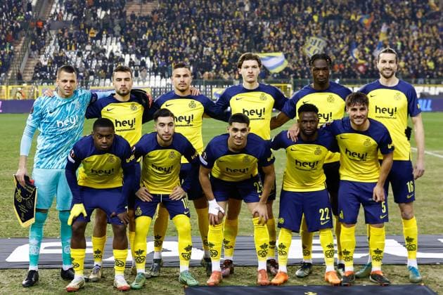 Fußball, EL, Royale Union Saint-Gilloise - Ajax Amsterdam BRUSSELS, 13-02-2025, King Boudewijn Stadium, Europa League match first leg between Union Saint Gilloise and Ajax. Teamphoto of Union Saint Gilloise , Union Saint-Gilloise goalkeeper Anthony Moris , Union Saint-Gilloise player Kevin Mac Allister , Union Saint-Gilloise player Franjo Ivanovic. , Union Saint-Gilloise player Anouar Ait El Hadj , Union Saint-Gilloise player Promise David , Union Saint-Gilloise player Christian Burgess , Union Saint-Gilloise player Ousseynou Niang , Union Saint-Gilloise player Charles Vanhoutte , Union Saint-Gilloise player Anan Khalaili , Union Saint-Gilloise player Noah Sadiki , Union Saint-Gilloise player Fedde Leysen Union Saint Gilloise - Ajax x27844242x Copyright: