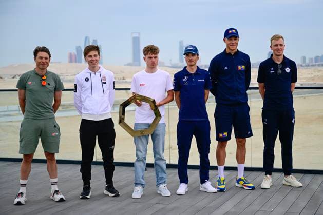UAE Tour 2025 - media activities ABU DHABI, UNITED ARABIC EMIRATES - FEBRUARY 16 : Philipsen Jasper (BEL) of Alpecin-Deceuninck, Pogacar Tadej (SLO) of UAE Team Emirates, Van Eetvelt Lennert (BEL) of Lotto, Bilbao Lopez de Armentia Pello (ESP) of Bahrain Victorious, Milan Jonathan (ITA) of Lidl-Trek and Merlier Tim (BEL) of Soudal Quick-Step talking to the press during a press conference, PK, Pressekonferenz ahead of the UAE Tour 2025 cycling race on February 16, 2025 in Abu Dhabi, United Arabic Emirates, 16 02 2025 Abu Dhabi United Arabic Emirates Copyright: xPeterxDexVoechtx
