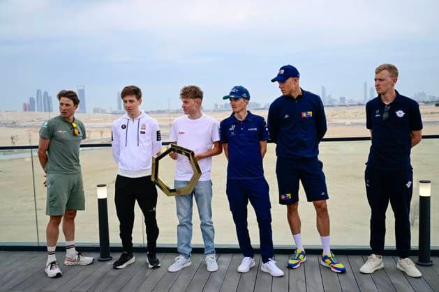 UAE Tour 2025 - media activities ABU DHABI, UNITED ARABIC EMIRATES - FEBRUARY 16 : Philipsen Jasper (BEL) of Alpecin-Deceuninck, Pogacar Tadej (SLO) of UAE Team Emirates, Van Eetvelt Lennert (BEL) of Lotto, Bilbao Lopez de Armentia Pello (ESP) of Bahrain Victorious, Milan Jonathan (ITA) of Lidl-Trek and Merlier Tim (BEL) of Soudal Quick-Step talking to the press during a press conference, PK, Pressekonferenz ahead of the UAE Tour 2025 cycling race on February 16, 2025 in Abu Dhabi, United Arabic Emirates, 16 02 2025 Abu Dhabi United Arabic Emirates Copyright: xPeterxDexVoechtx