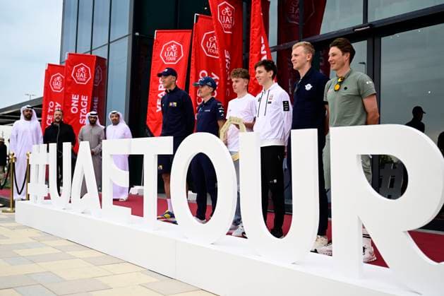 UAE Tour 2025 - media activities ABU DHABI, UNITED ARABIC EMIRATES - FEBRUARY 16 : Philipsen Jasper (BEL) of Alpecin-Deceuninck, Pogacar Tadej (SLO) of UAE Team Emirates, Van Eetvelt Lennert (BEL) of Lotto, Bilbao Lopez de Armentia Pello (ESP) of Bahrain Victorious, Milan Jonathan (ITA) of Lidl-Trek and Merlier Tim (BEL) of Soudal Quick-Step talking to the press during a press conference, PK, Pressekonferenz ahead of the UAE Tour 2025 cycling race on February 16, 2025 in Abu Dhabi, United Arabic Emirates, 16 02 2025 Abu Dhabi United Arabic Emirates Copyright: xPeterxDexVoechtx