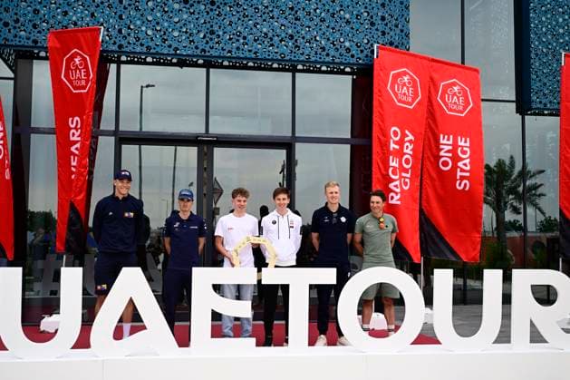 UAE Tour 2025 - media activities ABU DHABI, UNITED ARABIC EMIRATES - FEBRUARY 16 : Philipsen Jasper (BEL) of Alpecin-Deceuninck, Pogacar Tadej (SLO) of UAE Team Emirates, Van Eetvelt Lennert (BEL) of Lotto, Bilbao Lopez de Armentia Pello (ESP) of Bahrain Victorious, Milan Jonathan (ITA) of Lidl-Trek and Merlier Tim (BEL) of Soudal Quick-Step talking to the press during a press conference, PK, Pressekonferenz ahead of the UAE Tour 2025 cycling race on February 16, 2025 in Abu Dhabi, United Arabic Emirates, 16 02 2025 Abu Dhabi United Arabic Emirates Copyright: xPeterxDexVoechtx