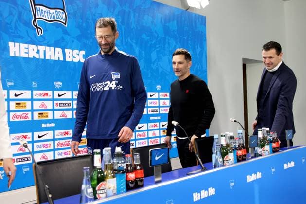 DEU, DFL, 2. FBL Hertha BSC, PK, 18.02.2025, Sportforum, Berlin, DEU, DFL, 2. FBL Hertha BSC, PK, im Bild Cheftrainer Stefan Leitl (Hertha BSC Berlin), Co-Trainer Andre Mijatovic (Hertha BSC Berlin), Benjamin Weber (Sportdirektor, Hertha BSC Berlin) DFL - regulations prohibit any use of Photographs as image sequences and or quasi-video Foto: Juergen Engler nordphoto GmbH