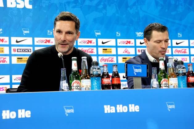 DEU, DFL, 2. FBL Hertha BSC, PK, 18.02.2025, Sportforum, Berlin, DEU, DFL, 2. FBL Hertha BSC, PK, im Bild Cheftrainer Stefan Leitl (Hertha BSC Berlin), Co-Trainer Andre Mijatovic (Hertha BSC Berlin), Benjamin Weber (Sportdirektor, Hertha BSC Berlin) DFL - regulations prohibit any use of Photographs as image sequences and or quasi-video Foto: Juergen Engler nordphoto GmbH