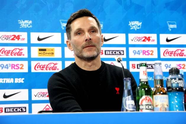 DEU, DFL, 2. FBL Hertha BSC, PK, 18.02.2025, Sportforum, Berlin, DEU, DFL, 2. FBL Hertha BSC, PK, im Bild Cheftrainer Stefan Leitl (Hertha BSC Berlin), Co-Trainer Andre Mijatovic (Hertha BSC Berlin), Benjamin Weber (Sportdirektor, Hertha BSC Berlin) DFL - regulations prohibit any use of Photographs as image sequences and or quasi-video Foto: Juergen Engler nordphoto GmbH