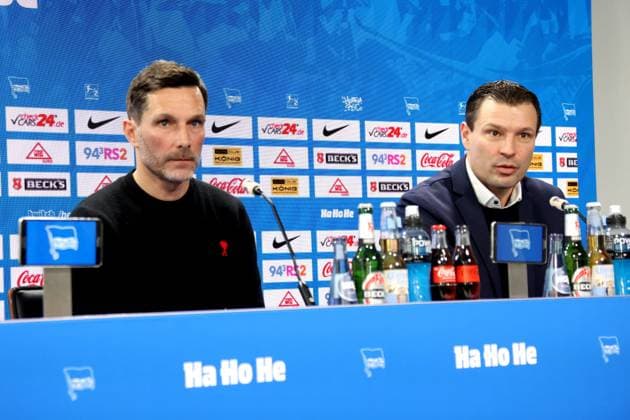 DEU, DFL, 2. FBL Hertha BSC, PK, 18.02.2025, Sportforum, Berlin, DEU, DFL, 2. FBL Hertha BSC, PK, im Bild Cheftrainer Stefan Leitl (Hertha BSC Berlin), Co-Trainer Andre Mijatovic (Hertha BSC Berlin), Benjamin Weber (Sportdirektor, Hertha BSC Berlin) DFL - regulations prohibit any use of Photographs as image sequences and or quasi-video Foto: Juergen Engler nordphoto GmbH