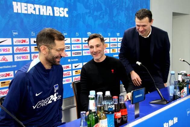 DEU, DFL, 2. FBL Hertha BSC, PK, 18.02.2025, Sportforum, Berlin, DEU, DFL, 2. FBL Hertha BSC, PK, im Bild Cheftrainer Stefan Leitl (Hertha BSC Berlin), Co-Trainer Andre Mijatovic (Hertha BSC Berlin), Benjamin Weber (Sportdirektor, Hertha BSC Berlin) DFL - regulations prohibit any use of Photographs as image sequences and or quasi-video Foto: Juergen Engler nordphoto GmbH