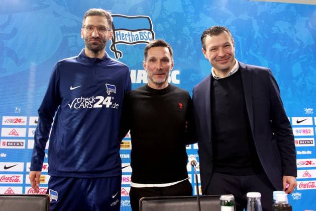 DEU, DFL, 2. FBL Hertha BSC, PK, 18.02.2025, Sportforum, Berlin, DEU, DFL, 2. FBL Hertha BSC, PK, im Bild Cheftrainer Stefan Leitl (Hertha BSC Berlin), Co-Trainer Andre Mijatovic (Hertha BSC Berlin), Benjamin Weber (Sportdirektor, Hertha BSC Berlin) DFL - regulations prohibit any use of Photographs as image sequences and or quasi-video Foto: Juergen Engler nordphoto GmbH