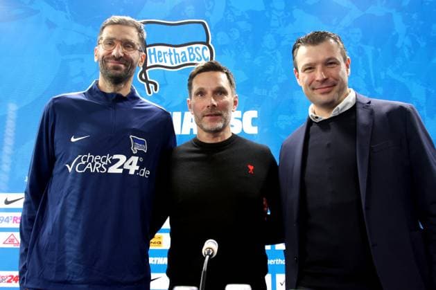 DEU, DFL, 2. FBL Hertha BSC, PK, 18.02.2025, Sportforum, Berlin, DEU, DFL, 2. FBL Hertha BSC, PK, im Bild Cheftrainer Stefan Leitl (Hertha BSC Berlin), Co-Trainer Andre Mijatovic (Hertha BSC Berlin), Benjamin Weber (Sportdirektor, Hertha BSC Berlin) DFL - regulations prohibit any use of Photographs as image sequences and or quasi-video Foto: Juergen Engler nordphoto GmbH