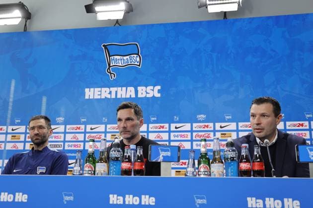 Andre Mijatovic, Co-Trainer , Cheftrainer Stefan Leitl, Sportdirektor Benjamin Weber, Deutschland, Berlin, Sportpark, GER, 2.FBL, Hertha BSC, Saison 2024 25, Pressekonferenz mit dem neuen Cheftrainer Stefan Leitl und Sportdirektor Benjamin Weber