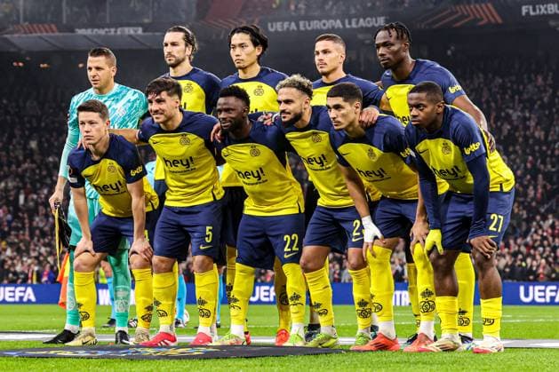2025-02-20 AFC Ajax v R. Union Saint-Gilloise - UEFA Europa League 2024 25 League Knockout Play-off Second Leg AMSTERDAM, NETHERLANDS - FEBRUARY 20: teamphoto with goalkeeper Anthony Moris of R. Union Saint-Gilloise, Mathias Rasmussen of R. Union Saint-Gilloise, Kevin Mac Allister of R. Union Saint-Gilloise, Franjo Ivanovic of R. Union Saint-Gilloise, Promise David of R. Union Saint-Gilloise, Christian Burgess of R. Union Saint-Gilloise, Ousseynou Niang of R. Union Saint-Gilloise, Sofiane Boufal of R. Union Saint-Gilloise, Anan Khalaili of R. Union Saint-Gilloise, Noah Sadiki of R. Union Saint-Gilloise, Koki Machida of R. Union Saint-Gilloise during the UEFA Europa League 2024 25 League Knockout Play-off Second Leg match between AFC Ajax and R. Union Saint-Gilloise at Johan Cruijff Arena on February 20, 2025 in Amsterdam, Netherlands. Amsterdam Johan Cruijff Arena Netherlands Content not available for redistribution in The Netherlands directly or indirectly through any third parties. Copyright: xBenxGalx