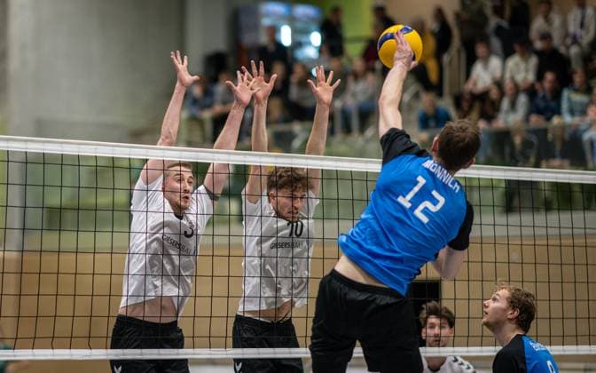 Volleyball, Saison 2024 2025, 2. Bundesliga Nord, 22.02.2025, 18. Spieltag, Herren, TuB Bocholt (weiss) vs. PSV Neustrelitz (blau) v.l.: Noah van Dam (TuB Bocholt), Tom Doerpinghaus (TuB Bocholt), Johannes Moench (PSV Neustrelitz), Jannik Buehler (PSV Neustrelitz), Bocholt Sporthalle West Nordrhein-Westfalen Deutschland
