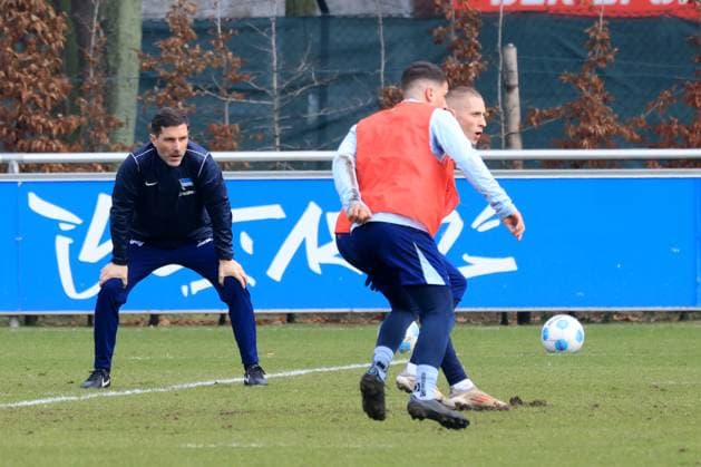 DEU, DFL, 2. FBL Hertha BSC, Training, 25.02.2025, Sportforum, Berlin, DEU, DFL, 2. FBL Hertha BSC, Training, im Bild Cheftrainer Stefan Leitl (Hertha BSC Berlin), Palko Dardai (Hertha BSC Berlin 20), Diego Demme (Hertha BSC Berlin 6) DFL - regulations prohibit any use of Photographs as image sequences and or quasi-video Foto: Juergen Engler nordphoto GmbH