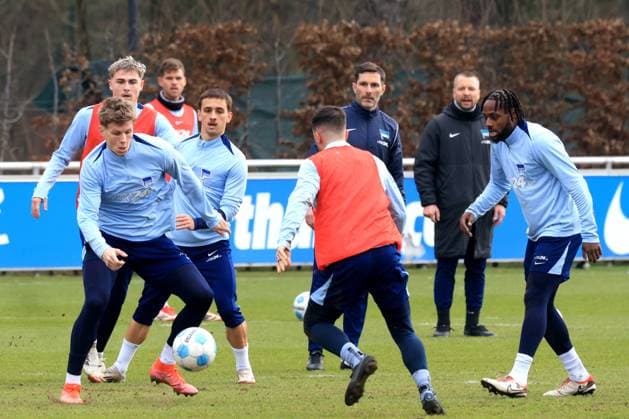 DEU, DFL, 2. FBL Hertha BSC, Training, 25.02.2025, Sportforum, Berlin, DEU, DFL, 2. FBL Hertha BSC, Training, im Bild Cheftrainer Stefan Leitl (Hertha BSC Berlin), Co-Trainer Patrick Ebert (Hertha BSC Berlin), Luca Schuler (Hertha BSC Berlin 18), Marten Winkler (Hertha BSC Berlin 22), Diego Demme (Hertha BSC Berlin 6), Deyovaisio Zeefuik (Hertha BSC Berlin 42) DFL - regulations prohibit any use of Photographs as image sequences and or quasi-video Foto: Juergen Engler nordphoto GmbH