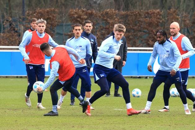 DEU, DFL, 2. FBL Hertha BSC, Training, 25.02.2025, Sportforum, Berlin, DEU, DFL, 2. FBL Hertha BSC, Training, im Bild Cheftrainer Stefan Leitl (Hertha BSC Berlin), Luca Schuler (Hertha BSC Berlin 18), Marten Winkler (Hertha BSC Berlin 22), Diego Demme (Hertha BSC Berlin 6), Deyovaisio Zeefuik (Hertha BSC Berlin 42), Toni Leistner (Hertha BSC Berlin 37), Michal Karbownik (Hertha BSC Berlin 33) DFL - regulations prohibit any use of Photographs as image sequences and or quasi-video Foto: Juergen Engler nordphoto GmbH