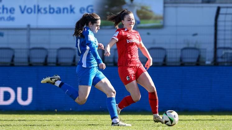 v.li.: Marie Bleil (SV Meppen, 7) und Leonie Lorenz (SC Freiburg II, 5) im Zweikampf, Duell, Dynamik, Aktion, Action, Spielszene, DIE DFB-RICHTLINIEN UNTERSAGEN JEGLICHE NUTZUNG VON FOTOS ALS SEQUENZBILDER UND ODER VIDEOÄHNLICHE FOTOSTRECKEN. DFB REGULATIONS PROHIBIT ANY USE OF PHOTOGRAPHS AS IMAGE SEQUENCES AND OR QUASI-VIDEO., 02.03.2025, Meppen (Deutschland), Fussball, 2. Frauen-Bundesliga, SV Meppen - SC Freiburg II