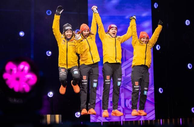 NORDIC SKIING - FIS Nordic WC Trondheim 2025 TRONDHEIM,NORWAY,02.MAR.25 - NORDIC SKIING, Ski jumping, Skispringen, Ski, nordisch - FIS Nordic World Ski Championships, normal hill, team, ladies, medal plaza, award ceremony. Image shows the rejoicing of Juliane Seyfarth, Selina Freitag, Agnes Reisch and Katharina Schmid (GER). GEPAxpictures xHaraldxSteiner