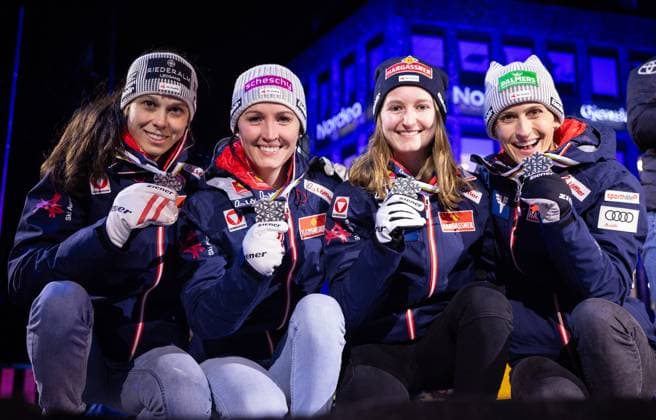 NORDIC SKIING - FIS Nordic WC Trondheim 2025 TRONDHEIM,NORWAY,02.MAR.25 - NORDIC SKIING, Ski jumping, Skispringen, Ski, nordisch - FIS Nordic World Ski Championships, normal hill, team, ladies, medal plaza, award ceremony. Image shows Lisa Eder, Jacqueline Seifriedsberger, Julia Muehlbacher and Eva Pinkelnig (AUT). Keywords: medals. GEPAxpictures xHaraldxSteiner