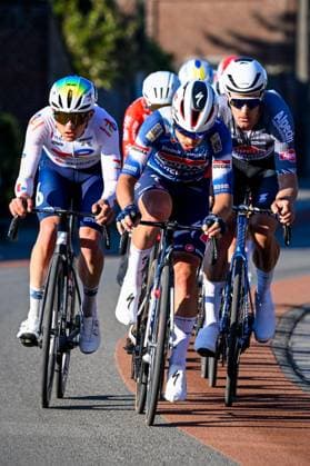 French Thomas Gachignard of TotalEnergies, Slovenian Martin Svrcek of Soudal Quick-Step and New Zealander Sam Gaze of Alpecin-Deceuninck pictured in action during the Ename Samyn Classic one day cycling race, 199,1km from Quaregnon to Dour on Tuesday 04 March 2025. TOM GOYVAERTS TomxGoyvaerts x114220293x