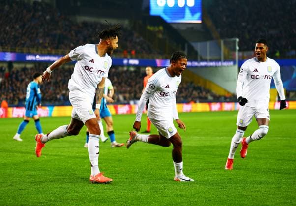 Leon Bailey of Aston Villa celebrates scoring a goal after making the score 0-1. Club Brugge v Aston Villa, UEFA Champions League, Round of 16, First Leg, Football, Jan Breydel Stadium, Brugge, Belgium - 04 Mar 2025 EDITORIAL USE ONLY No use with unauthorised audio, video, data, fixture lists, club league logos or live services. Online in-match use limited to 120 images, no video emulation. No use in betting, games or single club league player publications. Copyright: xJamesxMarsh Shutterstockx 15176976ap