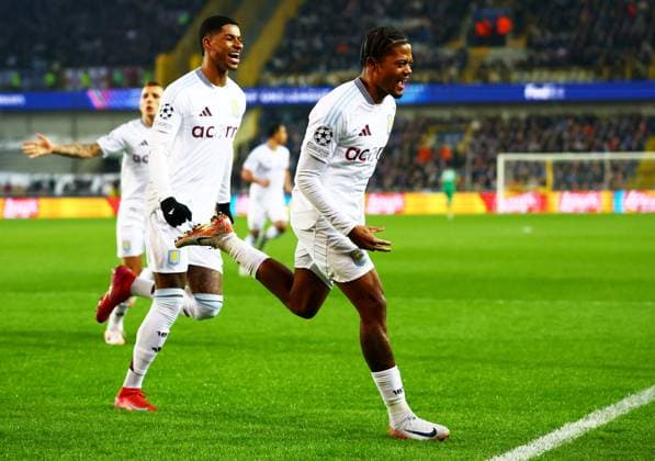 Leon Bailey of Aston Villa celebrates scoring a goal after making the score 0-1. Club Brugge v Aston Villa, UEFA Champions League, Round of 16, First Leg, Football, Jan Breydel Stadium, Brugge, Belgium - 04 Mar 2025 EDITORIAL USE ONLY No use with unauthorised audio, video, data, fixture lists, club league logos or live services. Online in-match use limited to 120 images, no video emulation. No use in betting, games or single club league player publications. Copyright: xJamesxMarsh Shutterstockx 15176976ao