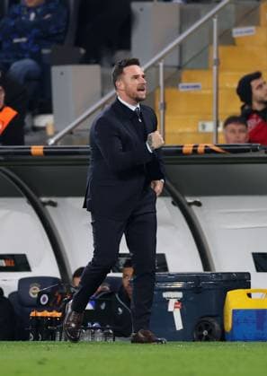 Rangers Head Coach Barry Ferguson celebrates Vaclav Cerny s Goal during the Europa League last 16 match at the Sükrü Saracoglu Stadium, Istanbul. Fenerbahce v Rangers, UEFA Europa League, Football, Sukru Saracoglu Stadium, Istanbul, Turkey - 06 Mar 2025 EDITORIAL USE ONLY No use with unauthorised audio, video, data, fixture lists, club league logos or live services. Online in-match use limited to 120 images, no video emulation. No use in betting, games or single club league player publications. Copyright: xO Rourke RangersxFC Shutterstockx 15182250hr