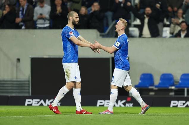 07.03.2025, xdcx, Fussball 2. Bundesliga, SV Darmstadt 98 - Karlsruher SC, emonline, emspor, despor, v.l., Torjubel zum 1:0 durch Isac Lidberg (SV Darmstadt 98), Aleksandar Vukotic (SV Darmstadt 98), Goal celebration, celebrate the goal DFL DFB REGULATIONS PROHIBIT ANY USE OF PHOTOGRAPHS AS IMAGE SEQUENCES AND OR QUASI-VIDEO.