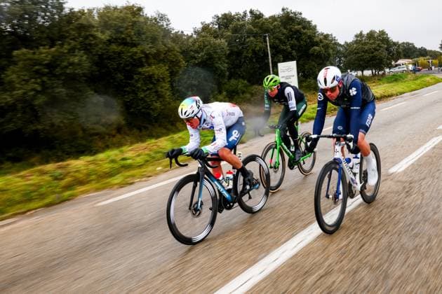 French Thomas Gachignard of TotalEnergies, Czech Jakub Otruba of Caja Rural-Seguros RGA and French Remi Cavagna of Groupama-FDJ pictured in action during stage six of the 83th edition of the Paris-Nice cycling race, 209,8 km from Saint-Julien-en-Saint-Alban to Berre l Etang, France, Friday 14 March 2025. DAVIDxPINTENS x114933182x