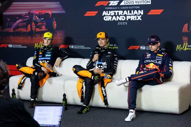 F1 - AUSTRALIAN GRAND PRIX 2025 NORRIS Lando (gbr), McLaren F1 Team MCL39, portrait VERSTAPPEN Max (ned), Red Bull Racing RB21, portrait PIASTRI Oscar (aus), McLaren F1 Team MCL39, portrait press conference, PK, Pressekonferenz during the Formula 1 Louis Vuitton Australian Grand Prix 2025, 1st round of the 2025 FIA Formula One World Championship, WM, Weltmeisterschaft from March 14 to 16, 2025 on the Albert Park Grand Prix Circuit, in Melbourne, Australia - Copyright: xJoaoxFilipex