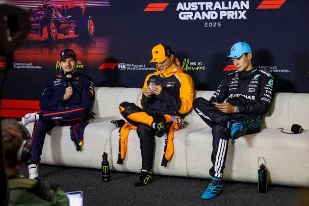 F1 - AUSTRALIAN GRAND PRIX 2025 NORRIS Lando (gbr), McLaren F1 Team MCL39, VERSTAPPEN Max (ned), Red Bull Racing RB21, portrait, RUS, press conference, PK, Pressekonferenz during the Formula 1 Louis Vuitton Australian Grand Prix 2025, 1st round of the 2025 FIA Formula One World Championship, WM, Weltmeisterschaft from March 14 to 16, 2025 on the Albert Park Grand Prix Circuit, in Melbourne, Australia - MelbourneAustralia Copyright: xJoaoxFilipex