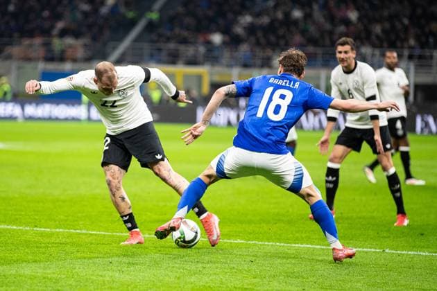 Nicolo Barella (Italien 18) vs David Raum (Deutschland, 22) ITA, Italien (ITA) vs. Deutschland (GER), Fussball Laenderspiel, UEFA Nations League Viertelfinale Runde1, 2024 2025, 20.03.2025 ITA, Italien (ITA) vs. Deutschland (GER), Fussball Laenderspiel, UEFA Nations League Viertelfinale Runde1, 2024 2025, 20.03.2025 Mailand Copyright: xEibner-Pressefoto RogerxBuerkex EP_RBE