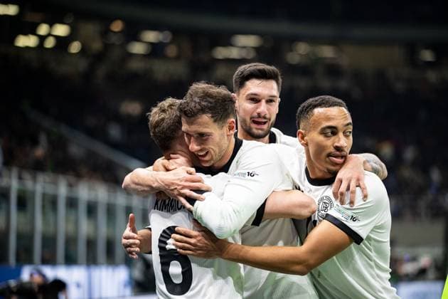 Tor fuer Deutschland 1:2 durch Leon Goretzka (Deutschland, 08). Jubel mit Joshua Kimmich (Deutschland, 06), Tim Kleindienst (Deutschland, 09), Jamie Leweling (Deutschland, 14) ITA, Italien (ITA) vs. Deutschland (GER), Fussball Laenderspiel, UEFA Nations League Viertelfinale Runde1, 2024 2025, 20.03.2025 ITA, Italien (ITA) vs. Deutschland (GER), Fussball Laenderspiel, UEFA Nations League Viertelfinale Runde1, 2024 2025, 20.03.2025 Mailand Copyright: xEibner-Pressefoto RogerxBuerkex EP_RBE
