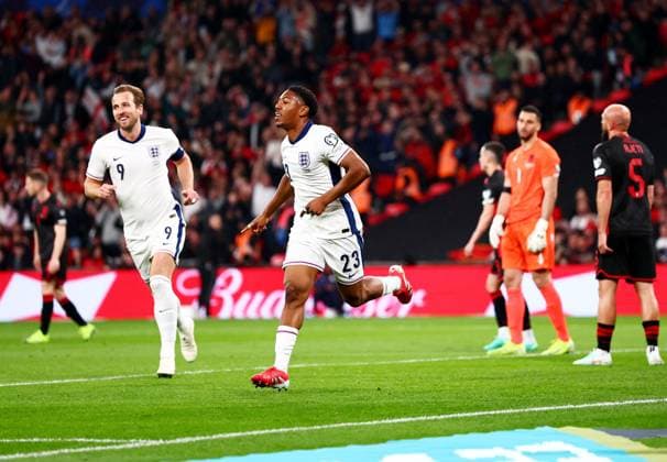 Myles Lewis-Skelly of England celebrates scoring a goal after making the score 1-0. England v Albania, FIFA 2026 World Cup Qualifying, Group K, Football, Wembley Stadium, London, UK - 21 Mar 2025 EDITORIAL USE ONLY No use with unauthorised audio, video, data, fixture lists, club league logos or live services. Online in-match use limited to 120 images, no video emulation. No use in betting, games or single club league player publications. Copyright: xJamesxMarsh Shutterstockx 15213679an