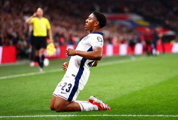 Myles Lewis-Skelly of England celebrates scoring a goal after making the score 1-0. England v Albania, FIFA 2026 World Cup Qualifying, Group K, Football, Wembley Stadium, London, UK - 21 Mar 2025 EDITORIAL USE ONLY No use with unauthorised audio, video, data, fixture lists, club league logos or live services. Online in-match use limited to 120 images, no video emulation. No use in betting, games or single club league player publications. Copyright: xJamesxMarsh Shutterstockx 15213679ao