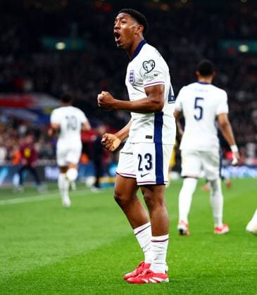 Myles Lewis-Skelly of England celebrates scoring a goal after making the score 1-0. England v Albania, FIFA 2026 World Cup Qualifying, Group K, Football, Wembley Stadium, London, UK - 21 Mar 2025 EDITORIAL USE ONLY No use with unauthorised audio, video, data, fixture lists, club league logos or live services. Online in-match use limited to 120 images, no video emulation. No use in betting, games or single club league player publications. Copyright: xJamesxMarsh Shutterstockx 15213679aw