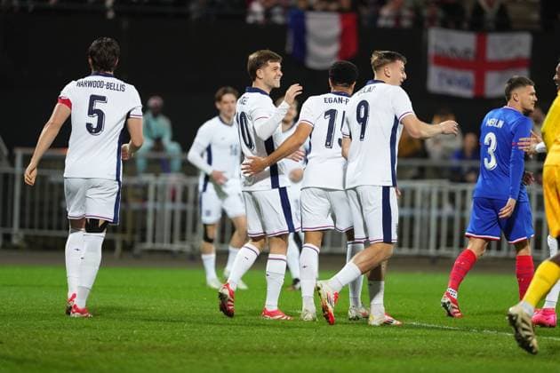 James McAtee of England is congratulated after he puts his side 1-0 ahead France U21, U 21 v England U21, International Friendly, Länderspiel, Nationalmannschaft Football, Stade du Moustoir, Lorient, France - 21 Mar 2025 EDITORIAL USE ONLY No use with unauthorised audio, video, data, fixture lists, club league logos or live services. Online in-match use limited to 120 images, no video emulation. No use in betting, games or single club league player publications. Copyright: xDavexWinter Shutterstockx 15215626u