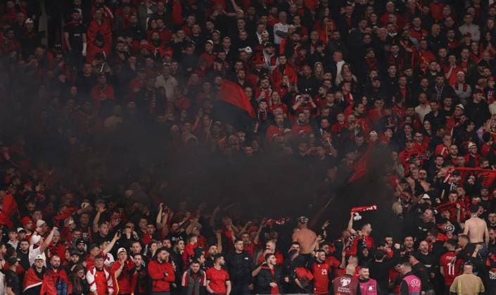 - England v Albania, FIFA World Cup, WM, Weltmeisterschaft, Fussball 2026 European Qualifier, Group K, Wembley Stadium, London, UK - 21st March 2025. Albania fans. - England v Albania, FIFA World Cup 2026 European Qualifier, Group K, Wembley Stadium, London, UK - 21st March 2025. Daniel Weir Crystal Pix London Wembley Stadium UK Copyright: xDanxWeirx MB_England_Albania_90