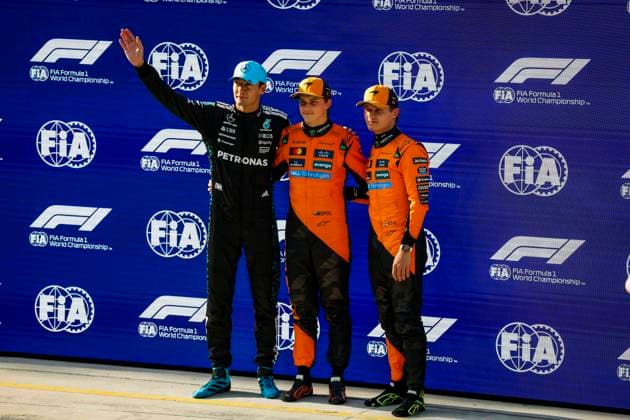 F1 - CHINESE GRAND PRIX 2025 PIASTRI Oscar (aus), McLaren F1 Team MCL39, RUSSELL George (gbr), Mercedes AMG F1 Team W16, NORRIS Lando (gbr), McLaren F1 Team MCL39, portrait during the Formula 1 Heineken Chinese Grand Prix 2025, 2nd round of the 2025 FIA Formula One World Championship, WM, Weltmeisterschaft from March 21 to 23, 2025 on the Shanghai International Circuit, in Shanghai, China - ShanghaiChina Copyright: xJavierxJimenezx