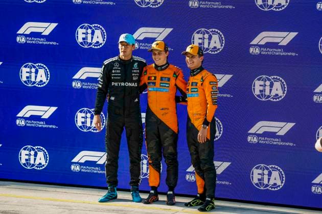 F1 - CHINESE GRAND PRIX 2025 PIASTRI Oscar (aus), McLaren F1 Team MCL39, RUSSELL George (gbr), Mercedes AMG F1 Team W16, NORRIS Lando (gbr), McLaren F1 Team MCL39, portrait during the Formula 1 Heineken Chinese Grand Prix 2025, 2nd round of the 2025 FIA Formula One World Championship, WM, Weltmeisterschaft from March 21 to 23, 2025 on the Shanghai International Circuit, in Shanghai, China - ShanghaiChina Copyright: xJavierxJimenezx