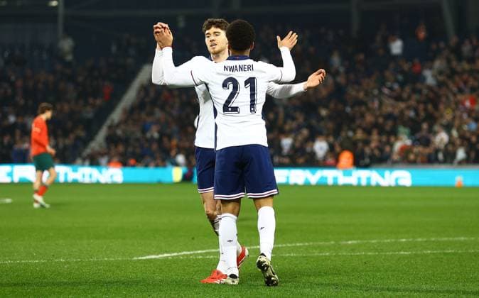 Hayden Hackney of England Under 21 celebrates scoring a goal to make the score 1-0 England U21, U 21 v Portugal U21, International Friendly, Länderspiel, Nationalmannschaft Football, The Hawthorns, West Bromwich, UK - 24 Mar 2025 EDITORIAL USE ONLY No use with unauthorised audio, video, data, fixture lists, club league logos or live services. Online in-match use limited to 120 images, no video emulation. No use in betting, games or single club league player publications. Copyright: xKieranxMcManus Shutterstockx 15219750p