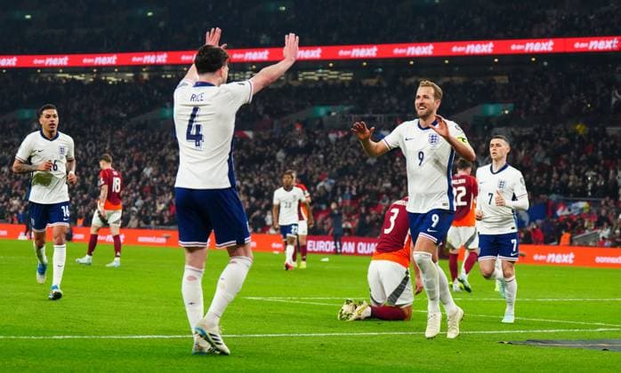 Harry Kane of England celebrates scoring a goal after making it 2-0 with Declan Rice England v Latvia, FIFA 2026 World Cup Qualifying, Group K, Football, Wembley Stadium, London, UK - 24 Mar 2025 EDITORIAL USE ONLY No use with unauthorised audio, video, data, fixture lists, club league logos or live services. Online in-match use limited to 120 images, no video emulation. No use in betting, games or single club league player publications. Copyright: xJavierxGarcia Shutterstockx 15219744ad