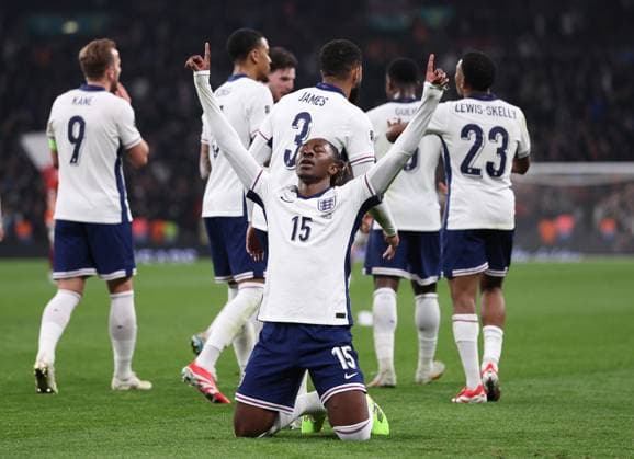London, England, 24th March 2025. Eberechi Eze of England celebrates scoring the third goal during the FIFA World Cup, WM, Weltmeisterschaft, Fussball European Qualifying match at Wembley Stadium, London. Picture credit should read: David Klein Sportimage EDITORIAL USE ONLY. No use with unauthorised audio, video, data, fixture lists, club league logos or live services. Online in-match use limited to 120 images, no video emulation. No use in betting, games or single club league player publications. SPI_065_DK_England_Latvia SPI-3762-0065