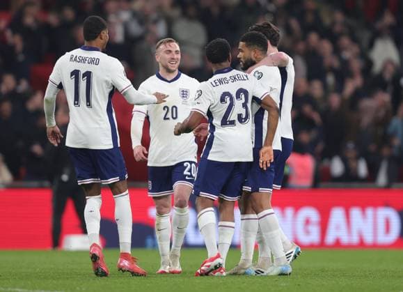 . - England v Latvia, FIFA World Cup, WM, Weltmeisterschaft, Fussball 2026 European Qualifier, Wembley Stadium, London, UK - 24th March 2025. GOAL 1-0, Reece James of Englandgoal celebration with Declan Rice, Myles Lewis-Skelly, Marcus Rashford & Jarrod Bowen of England. - England v Latvia, FIFA World Cup 2026 European Qualifier, Wembley Stadium, London, UK - 24th March 2025. Daniel Weir Crystal Pix London Wembley Stadium UK Copyright: xDanxWeirx CP_England_Latvia_0050