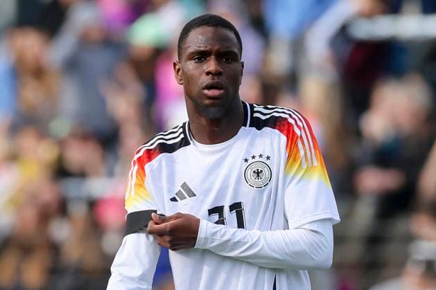 Ilyas Ansah (Germany) schaut, International Friendly, Länderspiel, Nationalmannschaft Germany U20 v Portugal U20, Karl-Liebknecht-Stadion am 24. March 2025 in Potsdam, Deutschland. (Foto von Marco Steinbrenner DeFodi Images) Ilyas Ansah (Germany) looks on, International Friendly, Germany U20 v Portugal U20, Karl-Liebknecht-Stadium, March 24, 2025 in Potsdam, Germany. (Photo by Marco Steinbrenner DeFodi Images)