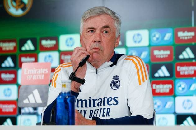 March 31, 2025, Madrid, Madrid, SPAIN: Carlo Ancelotti attends his press conference, PK, Pressekonferenz during the training day of Real Madrid ahead the Spanish Cup, Copa del Rey, football match against Real Sociedad at Ciudad Deportiva Real Madrid on March 31, 2025, in Valdebebas, Madrid, Spain. Madrid SPAIN - ZUMAa181 20250331_zaa_a181_033 Copyright: xDennisxAgyemanx