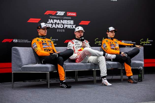 F1 - JAPANESE GRAND PRIX 2025 VERSTAPPEN Max (ned), Red Bull Racing RB21, NORRIS Lando (gbr), McLaren F1 Team MCL39, PIASTRI Oscar (aus), McLaren F1 Team MCL39, portrait, press conference, PK, Pressekonferenz during the Formula 1 Lenovo Japanese Grand Prix 2025, 3rd round of the 2025 FIA Formula One World Championship, WM, Weltmeisterschaft from April 4 to 6, 2025 on the Suzuka Circuit, in Suzuka, Japan - SuzukaJapan Copyright: xEricxAlonsox