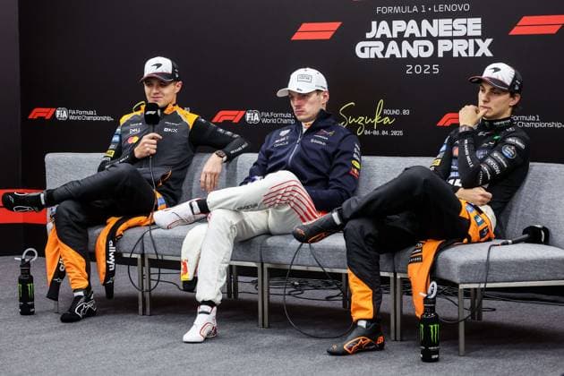 F1 - JAPANESE GRAND PRIX 2025 NORRIS Lando (gbr), McLaren F1 Team MCL39, portrait, VERSTAPPEN Max (ned), Red Bull Racing RB21, portrait and PIASTRI Oscar (aus), McLaren F1 Team MCL39, portrait press conference, PK, Pressekonferenz during the Formula 1 Lenovo Japanese Grand Prix 2025, 3rd round of the 2025 FIA Formula One World Championship, WM, Weltmeisterschaft from April 4 to 6, 2025 on the Suzuka Circuit, in Suzuka, Japan - SuzukaJapan Copyright: xEricxAlonsox