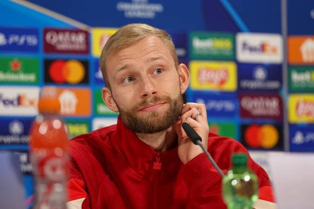 Sport Bilder des Tages Konrad Laimer (FC Bayern Muenchen, 27) bei der Pressekonferenz, GER, Internationale Pressekonferenz, FC Bayern Muenchen, Fussball, UEFA Champions League, Viertelfinale Hinspiel, Saison 2024 2025, 07.04.2025, GER, Internationale Pressekonferenz, FC Bayern Muenchen, Fussball, UEFA Champions League, Viertelfinale Hinspiel, Saison 2024 2025, 07.04.2025 Muenchen Copyright: xEibner-Pressefoto JennixMaulx EP_JML